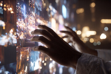 Futuristic interactive display with hands touching glowing screens