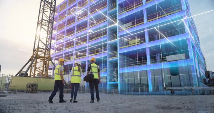 Construction Engineers Walk to a High Rise While Augmented Reality Light Lines Graphics Build the Structure, Projecting Digital Building Data, Smart Architecture, Modern Construction Digitalization