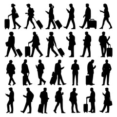 Traveling Business People Silhouettes with Luggage in Various Poses and Actions in Black on White Background for Infographic Design