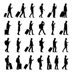 Fototapeta premium Silhouettes of travelers with luggage in various poses and actions in black on white background for travel and transportation