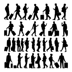 Silhouettes of business people walking with luggage in various poses in black on white background for travel and transportation