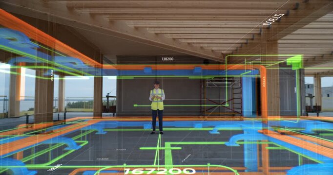 Female Engineer Wearing a Virtual Reality Headset Controls Construction Inside Building, Software Visualised 3D Holographic Floor Plans, Special Effect Engineering Overlays Visualizing Infrastructure