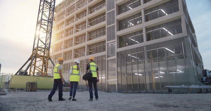 Three Construction Specialists, Rising Office Building, Augmented Reality Lines and Vfx Graphics Reveal the Finished Facade, Digital Twin Visualization,  Data Driven Smart Building Construction