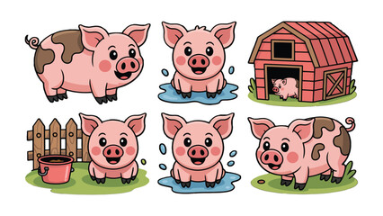 Playful Piglets on the Farm: A cheerful illustration showcases a group of adorable piglets frolicking around the farm, each with their own unique character, creating a charming scene of rural delight. © AJM