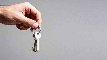 Man's hand hold  home keys against a grey background, text space