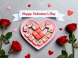 Romantic Sushi Platter for Valentine's Day with Red Roses