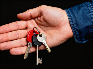 Hand holding a set of keys on a black background