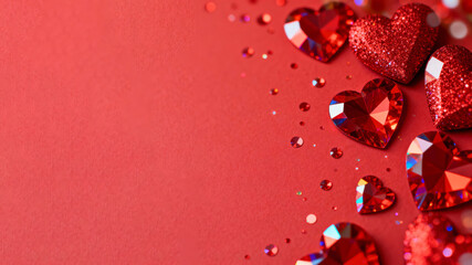 Sparkling Red Hearts on a Vibrant Background for Love and Romance Valentine's Day concept. Top view, text space