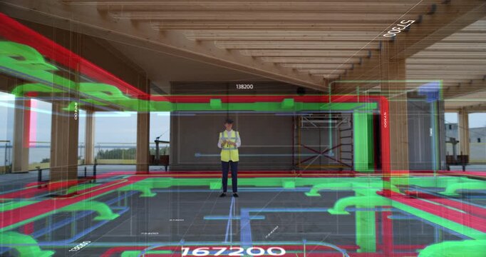 Female Engineer Wearing VR Headset Activates App with 3D Building Infrastructure, Projecting Digital Floor Plans, Utilities BIM MEP Infrastructure Construction.  Interior for Immersive Special Effects