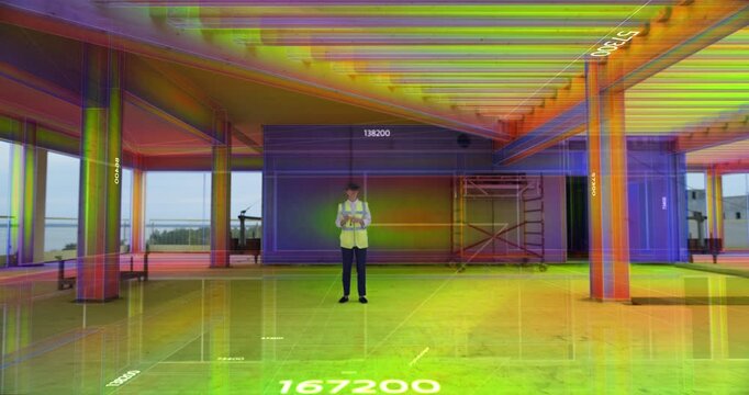Female Architect Wearing a Virtual Reality Headset Stands Inside a Structure, Interacting With Volumetric Heat Data, Holographic Building Model, Immersive Overlays Visualize Construction Analytics