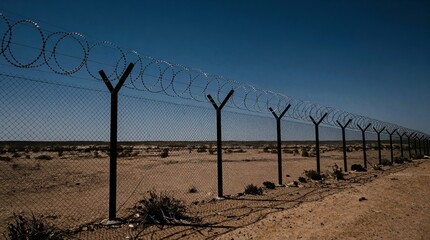 A long barbed wire fence stretches across a desert landscape under a clear blue sky