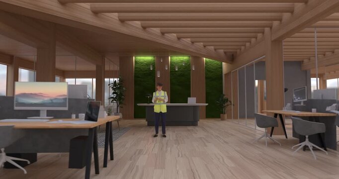 Female Engineer Wearing a VR Headset Transforms Unfinished Interior into Finished 3D Office. Immersive Interior Design Graphics, Digital Twin Overlay, AR Visualization Workspace Architecture.