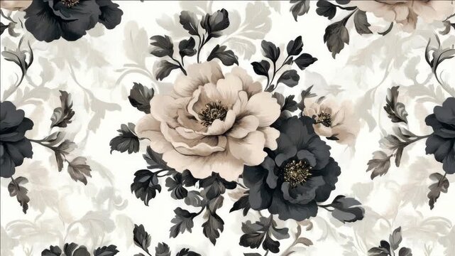 This is a black and white floral pattern with peony flowers, giving it a classic yet contemporary look. Perfect for wallpaper, fabric design, or as a backdrop for shoots.