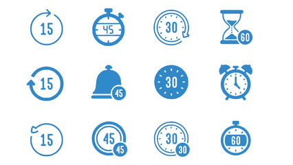 A collection of blue time and clock icons on a white background