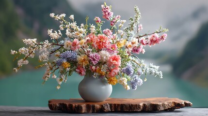 An enchanting vase overflowing with a plethora of colorful blossoms stands proudly on a wooden slab, set before a breathtaking panorama of greenery and white hues.