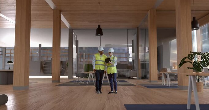 Architect and Engineer Walk Through Under Construction Building that Transforms into Electronics Retail Store. Special Effects Overlay Into Finished Device and Gadget Tech Store. Storefront 3D Concept