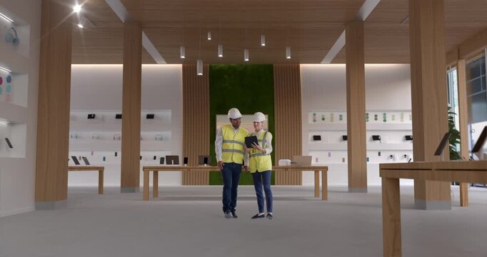 Engineer and Engineer Walk Through a Building with Tablet they Activate Holographic Overlays taht Reveal Hvac Routes, Structural Grids, Bim Data. Digital Construction Planning and Visualization