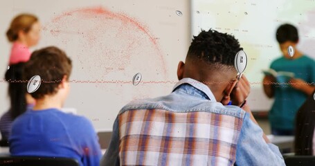 France rugby ball and data processing against caucasian boy reading a book in the class at school