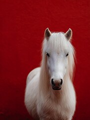 A striking white pony stands out against a bold red backdrop, creating a vivid contrast that captures attention and intrigue.