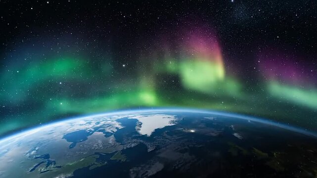 Spectacular aurora borealis illuminates the night sky above the Earth's horizon, creating a breathtaking celestial display.