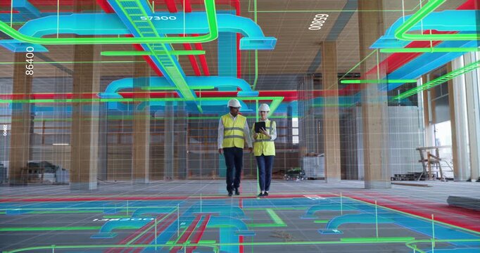  Architect Wearing a VR Headset Stands in Office Shell as Immersive Overlay Graphics Transform It Into Office Workplace, Visualising Design, Digital Space Planning, and Virtual Interior Configuration