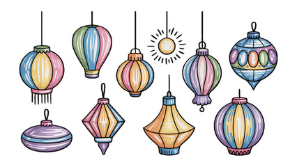 Lanterns: Festive collection of colorful lanterns, each unique in shape and design, hang against a soft background. © Mohiuddin123