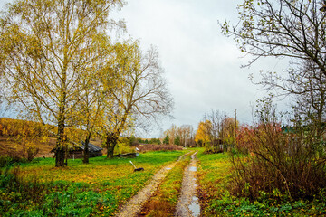 Dirt road through a village in late autumn