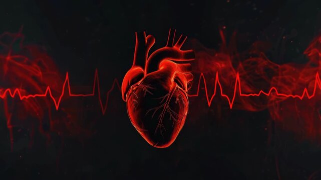 Close-up of a red heart showing heartbeat and pulse on a medical monitor. Concept for health, anatomy, and the importance of blood circulation in human life support.