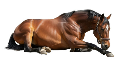 Brown Bay Horse Lying Down Isolated on White Background © Muhammad