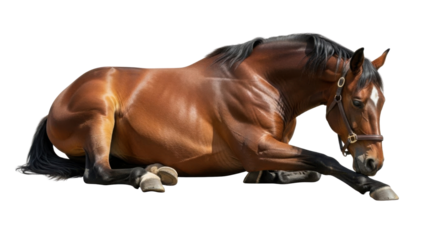 Brown Bay Horse Lying Down Isolated on White Background