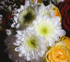 Vibrant floral bouquet with roses and chrysanthemum.