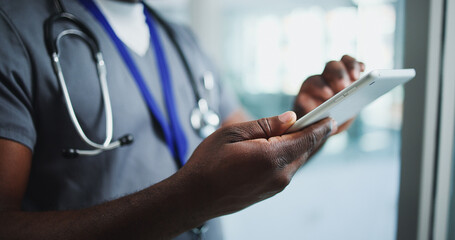 Doctor, hands or person with tablet in clinic for healthcare, virtual consulting or digital...