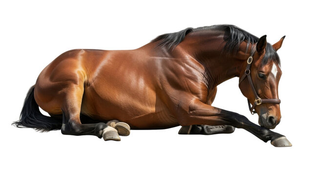 Brown Bay Horse Lying Down Isolated on White Background