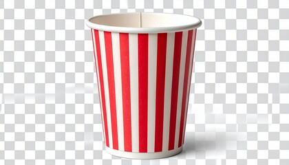 Red and white vertically striped paper popcorn cup on transparent background.