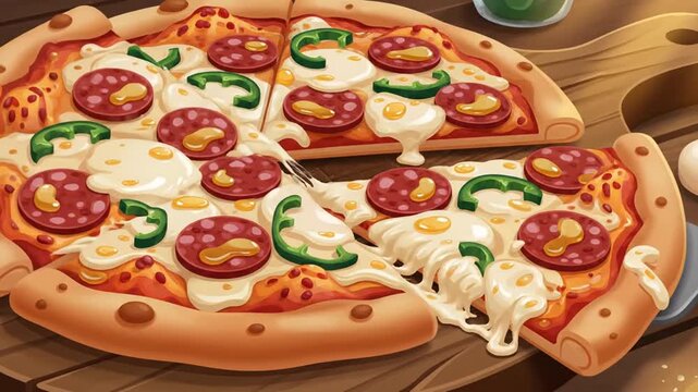 Delicious Melted Cheese Pizza With Pepperoni Strings In Action.