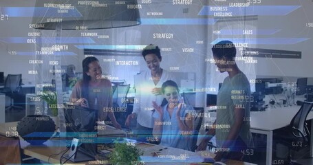 Animation of data processing and network of connections over diverse business people in office - Powered by Adobe