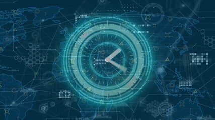 Animation of data processing with clock and network of connections over world map - Powered by Adobe