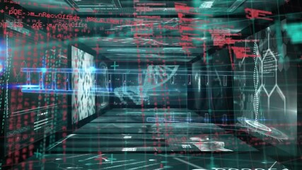 Animation of diverse data processing and dna on digital screens on black background - Powered by Adobe