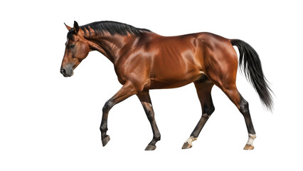 Obraz premium Elegant Bay Horse Walking Isolated on White Background