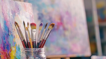 Fototapeta premium Paintbrushes in a glass container with a colorful, abstract painted background, symbolizing art and creativity