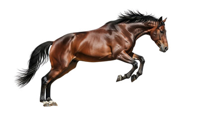 Obraz premium Dynamic Bay Horse Jumping Isolated on White Background