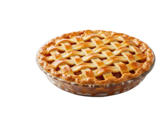 A perfectly baked golden-brown apple pie in clear glass dish, intricate glossy lattice crust, bubbling filling, on a transparent studio background, comforting homemade dessert concept
