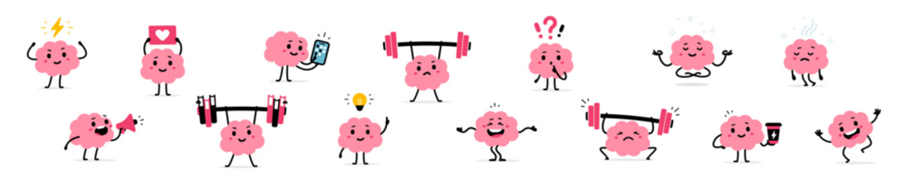 Vector set of cute happy brain character in different pose with barbell and light bulb. Flat doodle style design of strong and clever smile pink brain with question. Collection of illustration