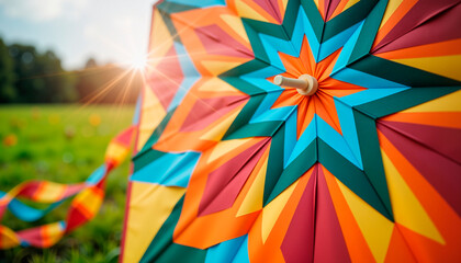 Vibrant colorful kite flying in grassy field under sunny sky  