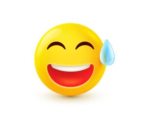Fototapeta premium Vector illustration of laughing yellow emoji feeling awkwardness. Funny smile character icon. Happy emotion smile face with tear. Embarrassed mood. 3d style design of positive emoticon with sweat tear