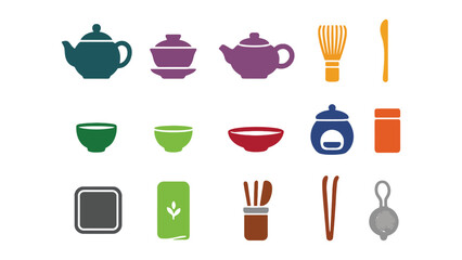 A colorful illustration of various kitchen utensils and tea accessories