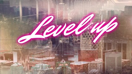 Animation of level up text over cityscape - Powered by Adobe
