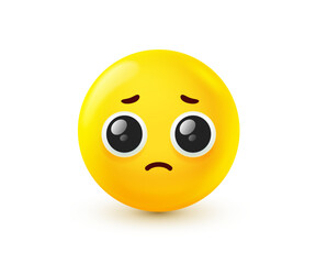 Fototapeta premium Vector illustration of yellow emoji with tear in eyes. Unhappy emotion smile face. 3d style design of sad emoticon. Unhappy and tearful mood. Funny smile character icon