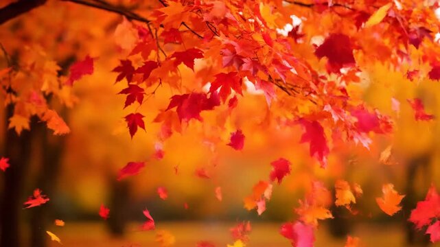 Autumn scene with vibrant red and yellow maple leaves falling gently from trees.