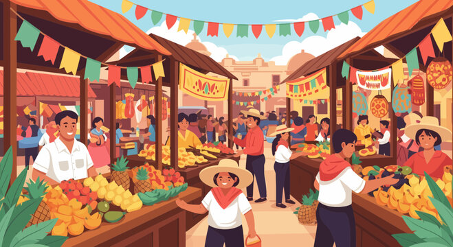 Vibrant And Lively Latin American Market Scene With People And Fruits
